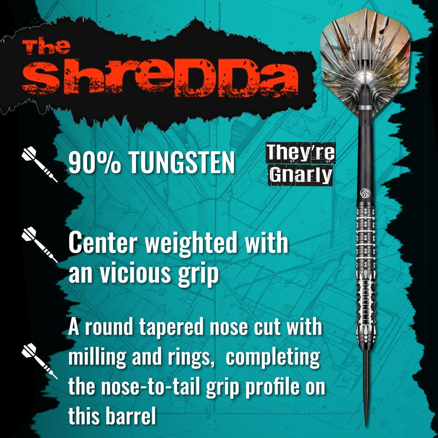 Gnarly Shredda Steel Tip Dart Set-90% Tungsten Dart Barrels, Centre Weighted, Professional Darts for Bristle Dartboard