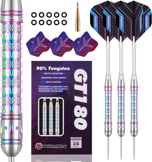 Darts Tungsten Darts Steel Tip Darts Set (20G, 22G, 23G, 24G, 26G, 28G) - 3PCS Razor Edge Darts Set Professional Darts with Accessories, Including 3 Extra Flights