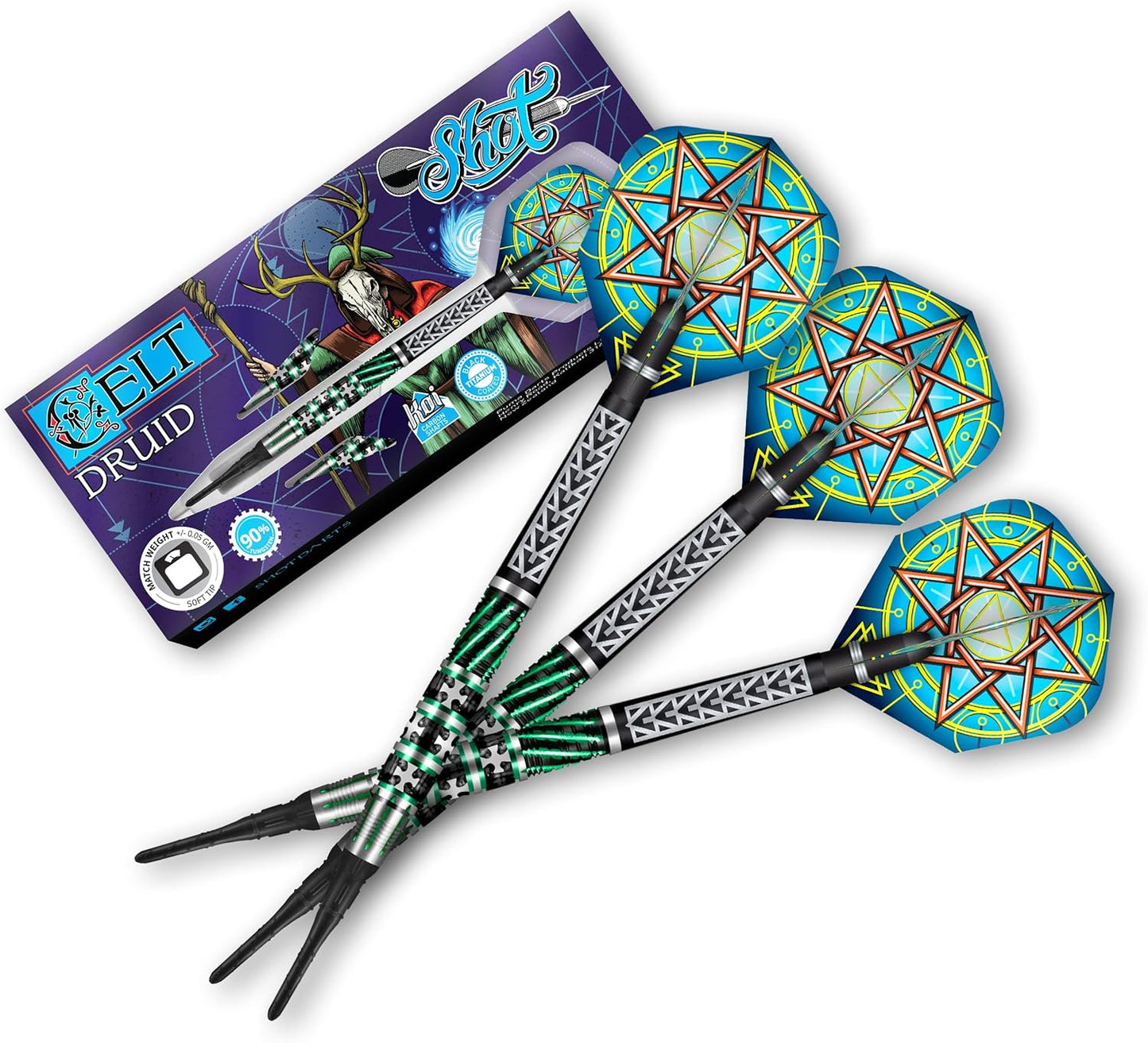 Darts Celt Druid 90% Tungsten Pro Throwing Darts Soft Tip Set, Professional – Made in New Zealand – Designed Dart Flights for Women & Men – Plastic Tip Bar Darts for Adults