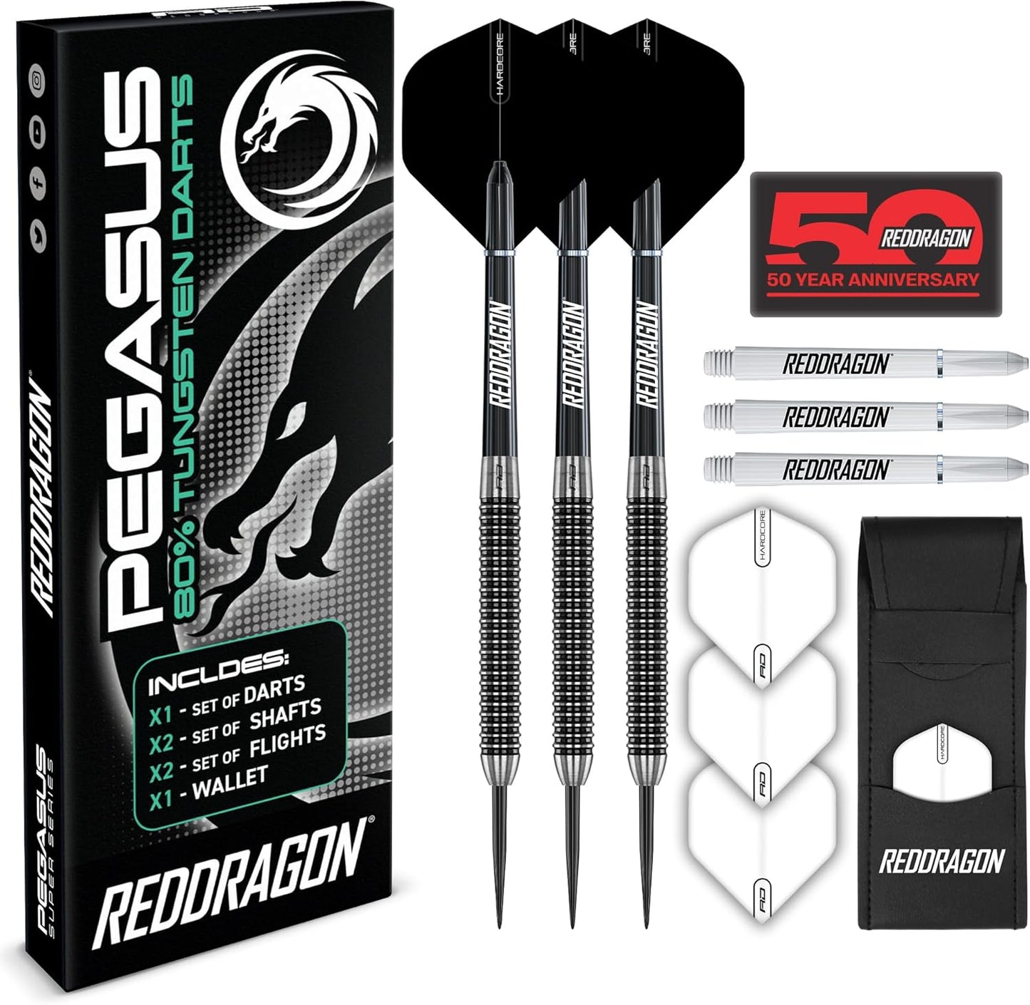 Pegasus Professional Tungsten Steeltip Darts Set Available in 21, 23, 24, 25, 26, 28, 30 Gram with Flights, Stems (Shafts) and Wallet