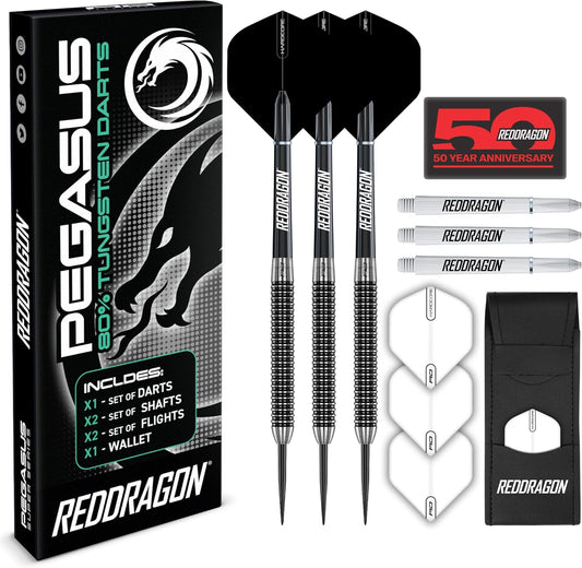 Pegasus Professional Tungsten Steeltip Darts Set Available in 21, 23, 24, 25, 26, 28, 30 Gram with Flights, Stems (Shafts) and Wallet