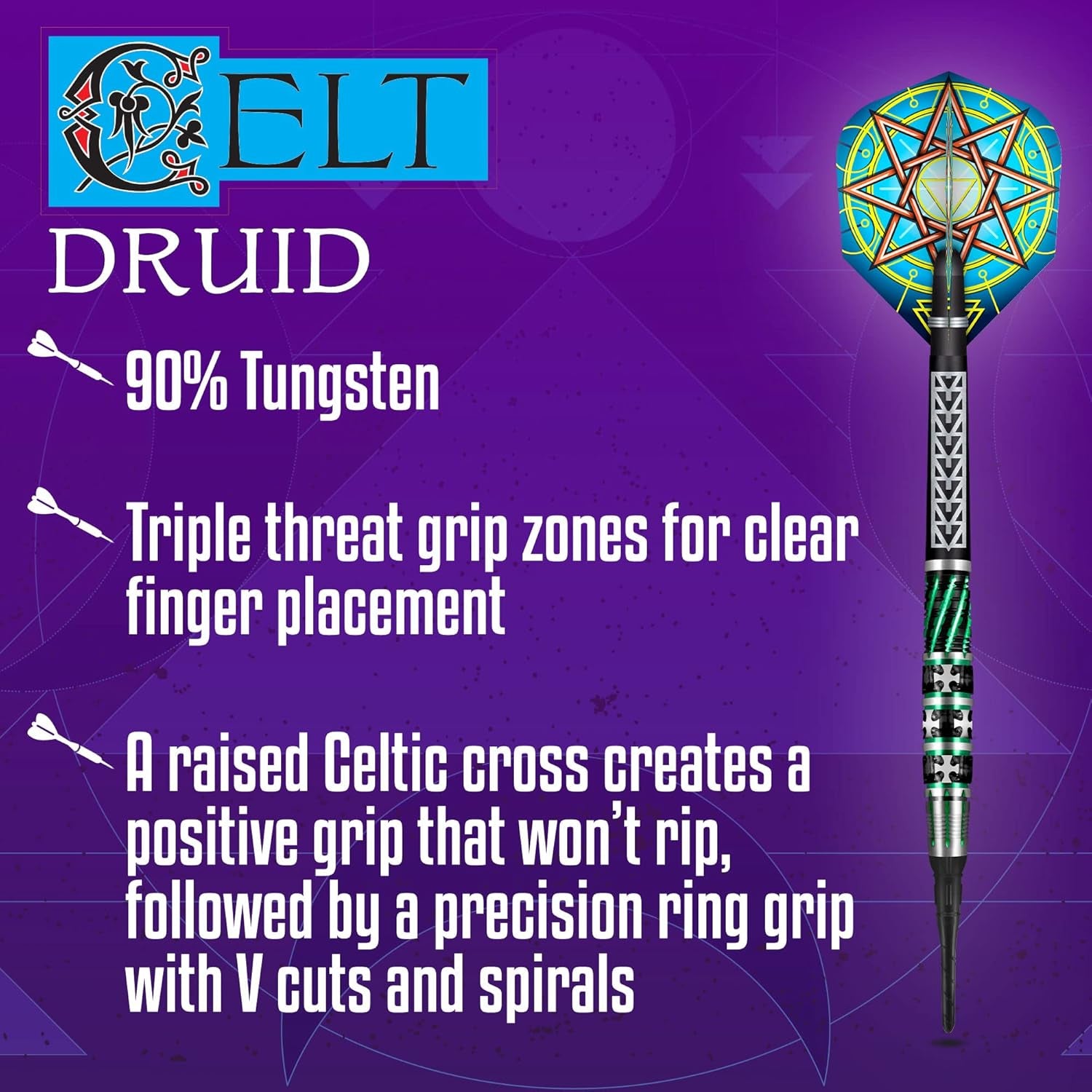 Darts Celt Druid 90% Tungsten Pro Throwing Darts Soft Tip Set, Professional – Made in New Zealand – Designed Dart Flights for Women & Men – Plastic Tip Bar Darts for Adults