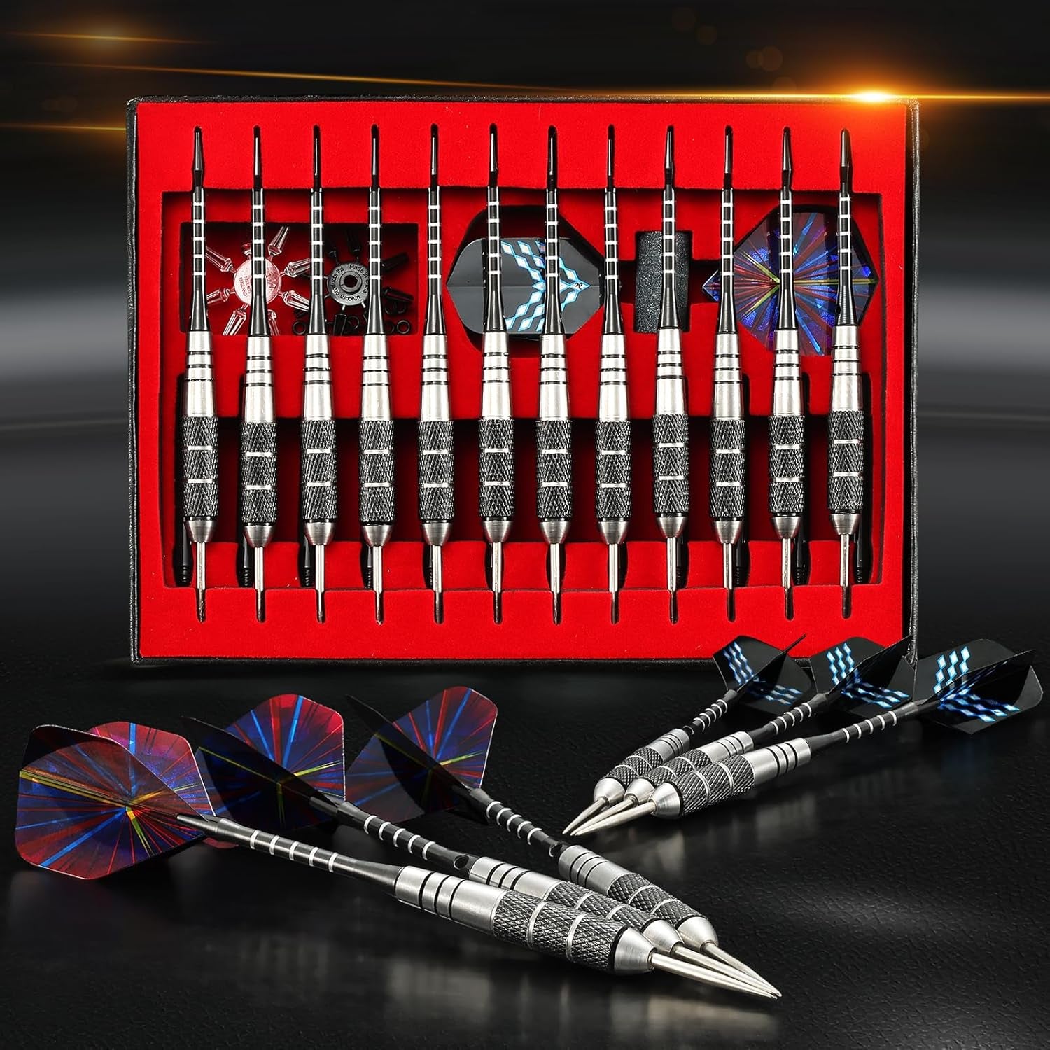 Steel Tip Darts Set 12 Pack 22 Grams with Nonslip Iron Barrel Aluminum Dart Shafts 2 Style Flights and Darts Sharpener, Gift Box
