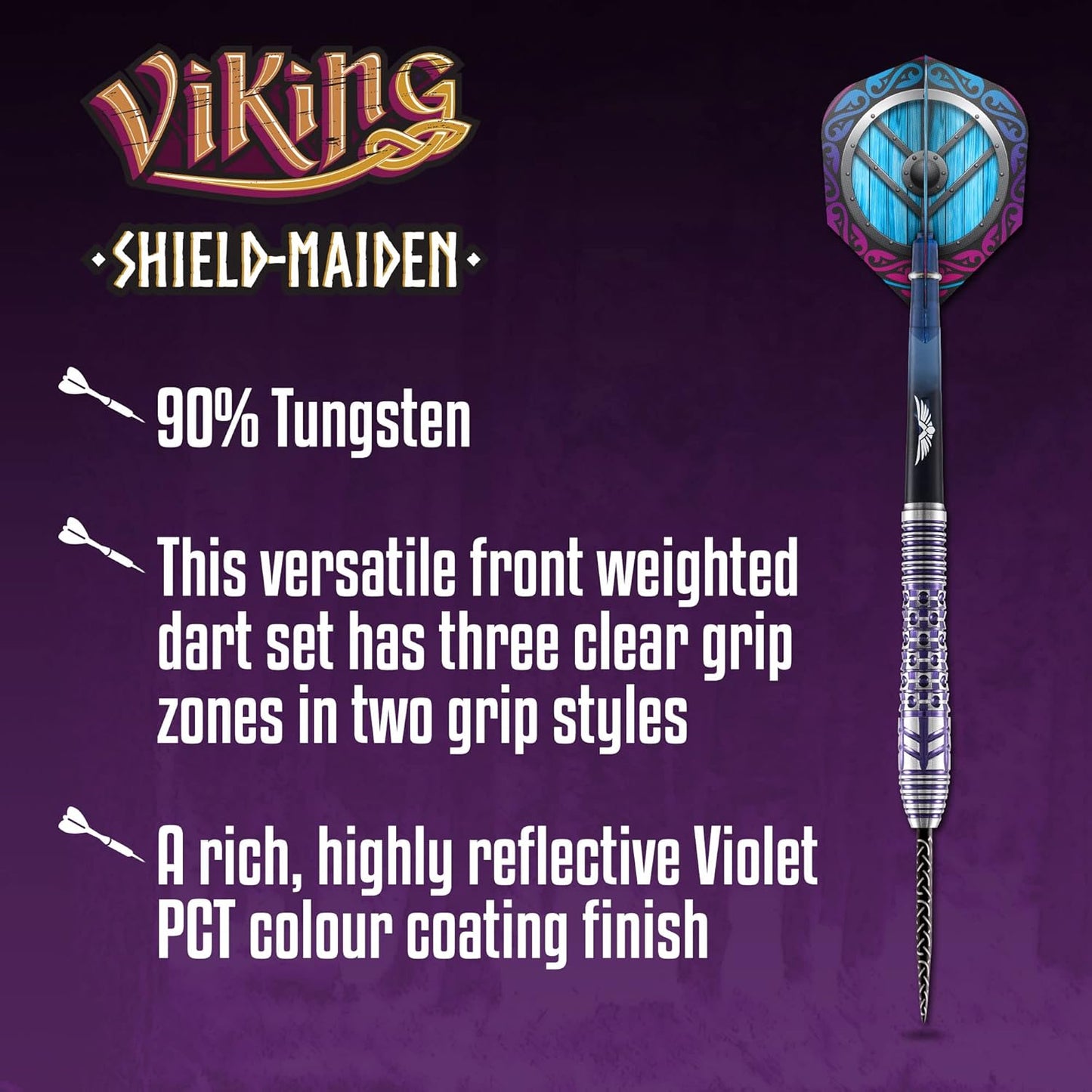 Darts Viking Shield Maiden Steel Tip Dart Set Front Weighted 90% Tungsten Barrels