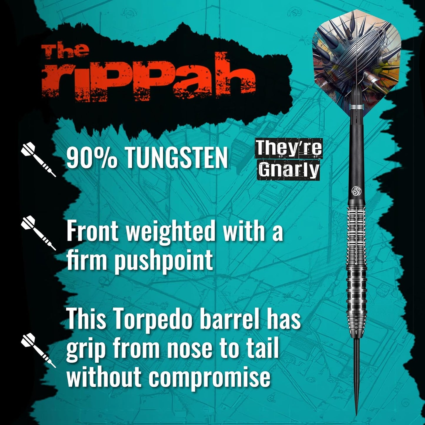 Gnarly Rippah Steel Tip Dart Set-90% Tungsten Dart Barrels, Front Weighted, Professional Darts for Bristle Dartboard