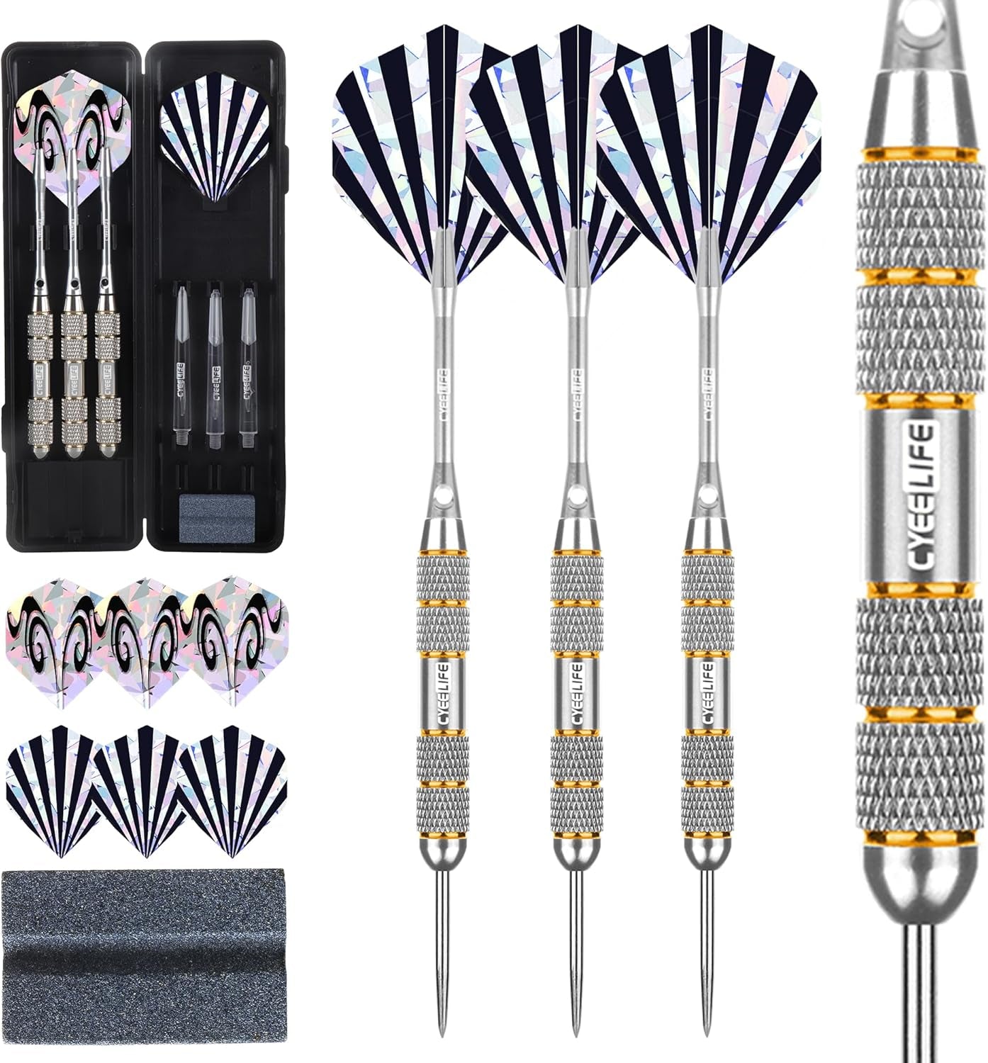 3 Pack Steel Tip Darts Set,Professional Dart with 6Pcs Darts Stems + 6Pcs Dart Flights + 1Pcs Dart Sharpener Tool for Dart Board