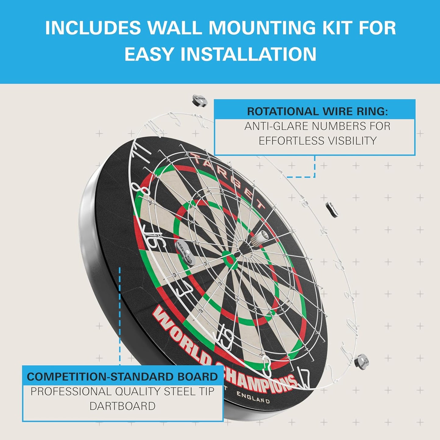 Darts World Championship Dartboard Bundles | World Championship Dartboard | Dart Board and Arc Light System | Dart Bard and Full Length Darts Oche Mat | 3 Bundle Options