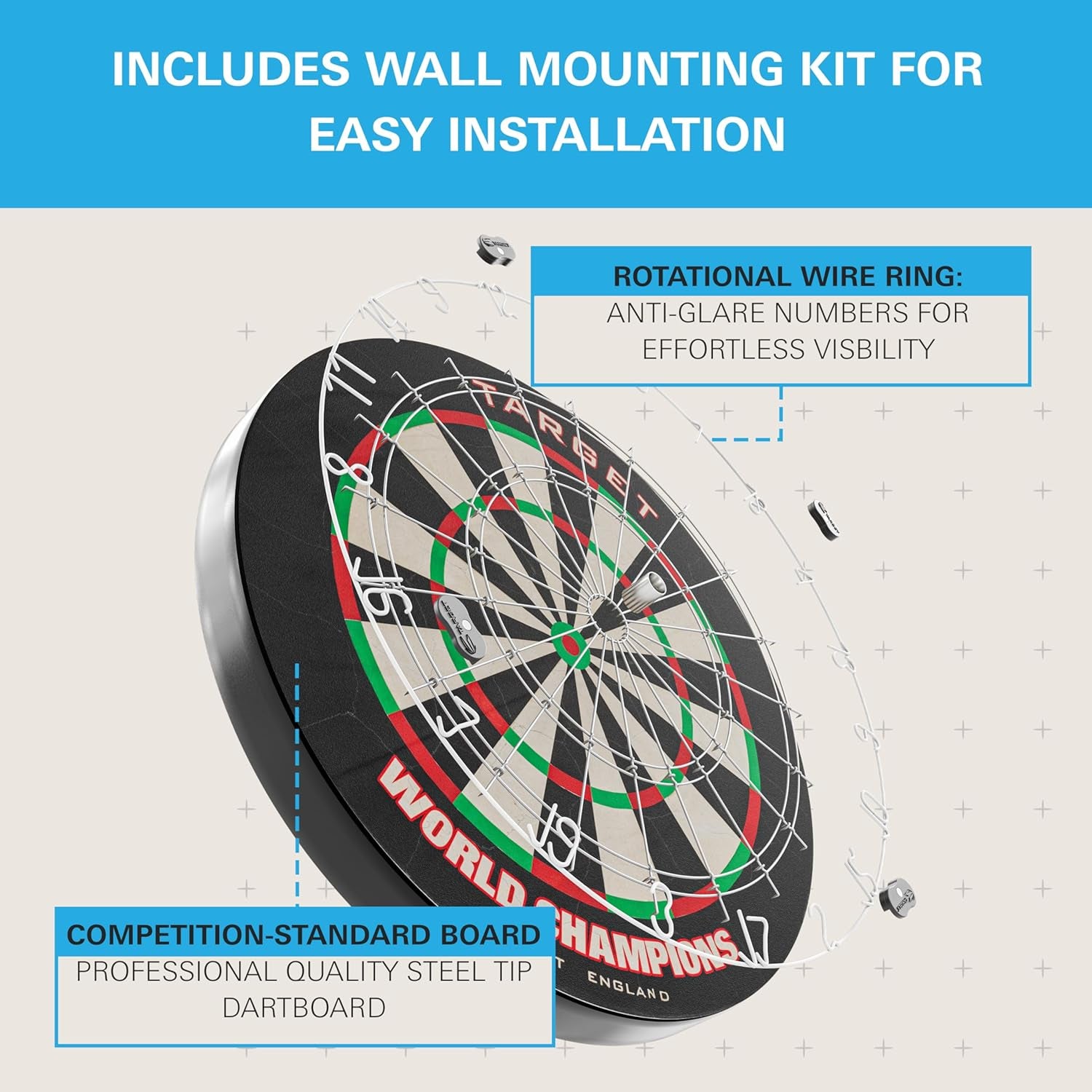 Darts World Championship Dartboard Bundles | World Championship Dartboard | Dart Board and Arc Light System | Dart Bard and Full Length Darts Oche Mat | 3 Bundle Options