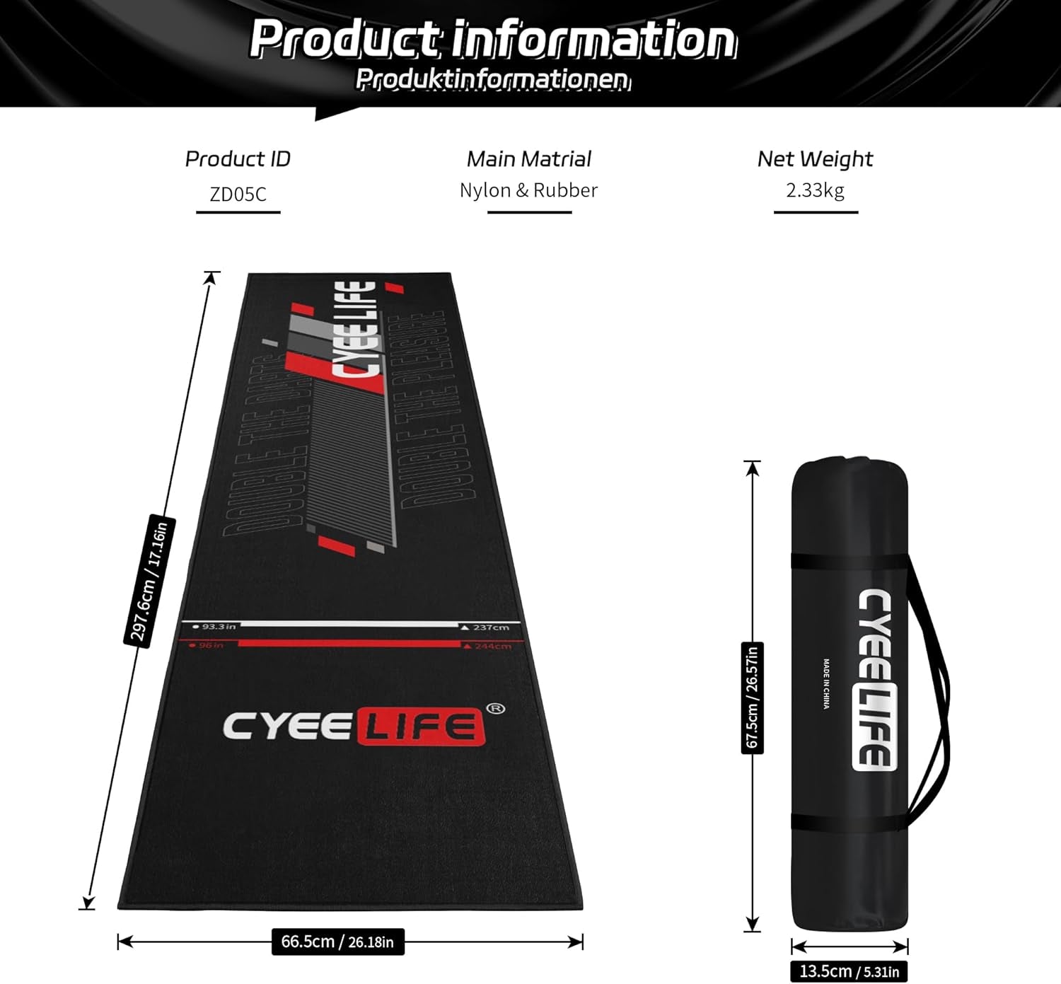 Darts Mat,297 X 66Cm Professional Non Slip Carpet Mats for Floor and Dart Tips Protection,Black
