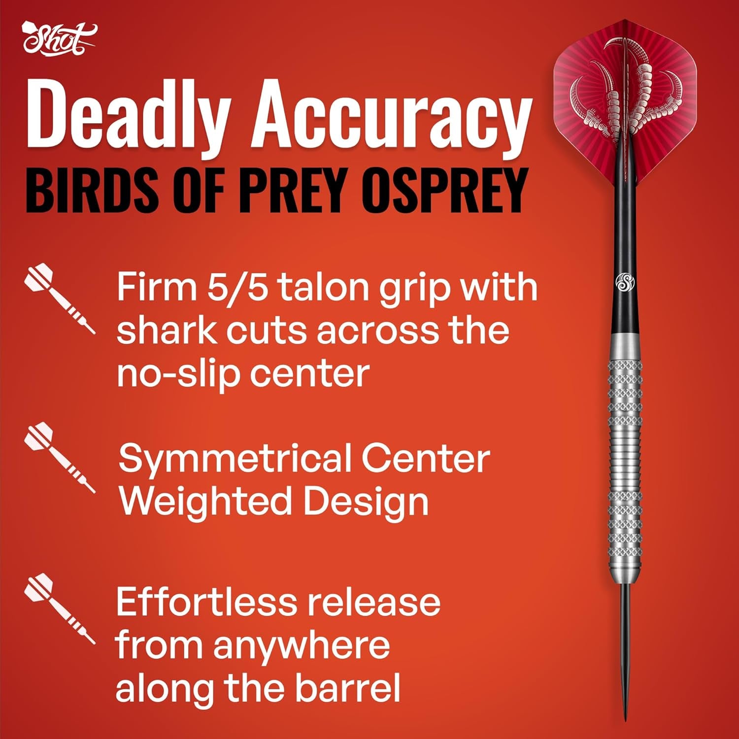 Darts Steel Tip, Birds of Prey Osprey (23G/24G/26G/28G), 90% Tungsten Barrel, Center Weighted, Handcrafted Professional Dart Set & Flights Made in New Zealand, Metal Tip for Bristle Dartboard