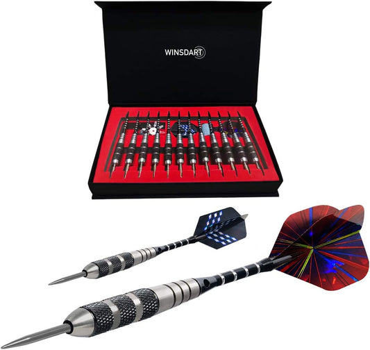 Steel Tip Darts Set 12 Pack 22 Grams with Nonslip Iron Barrel Aluminum Dart Shafts 2 Style Flights and Darts Sharpener, Gift Box